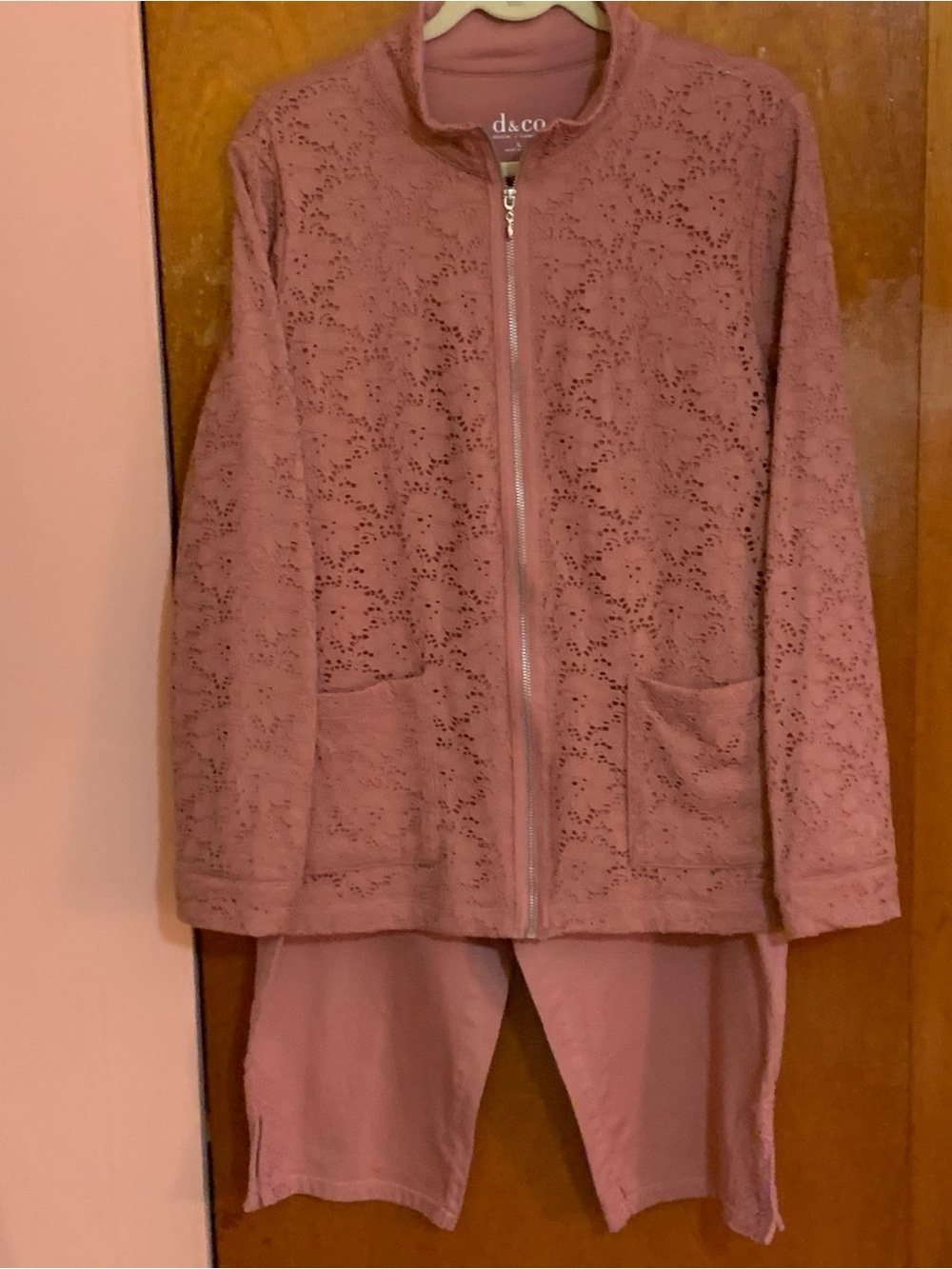 Denim&Co Mauve Pink Lace-Overlay Zip Jacket/ Capris L